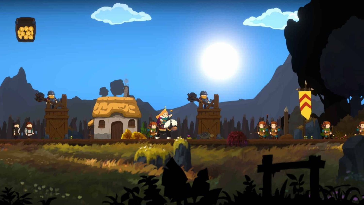 Side-scrolling game scene showing a monarch on a white horse surrounded by soldiers near huts and watchtowers under a bright sun