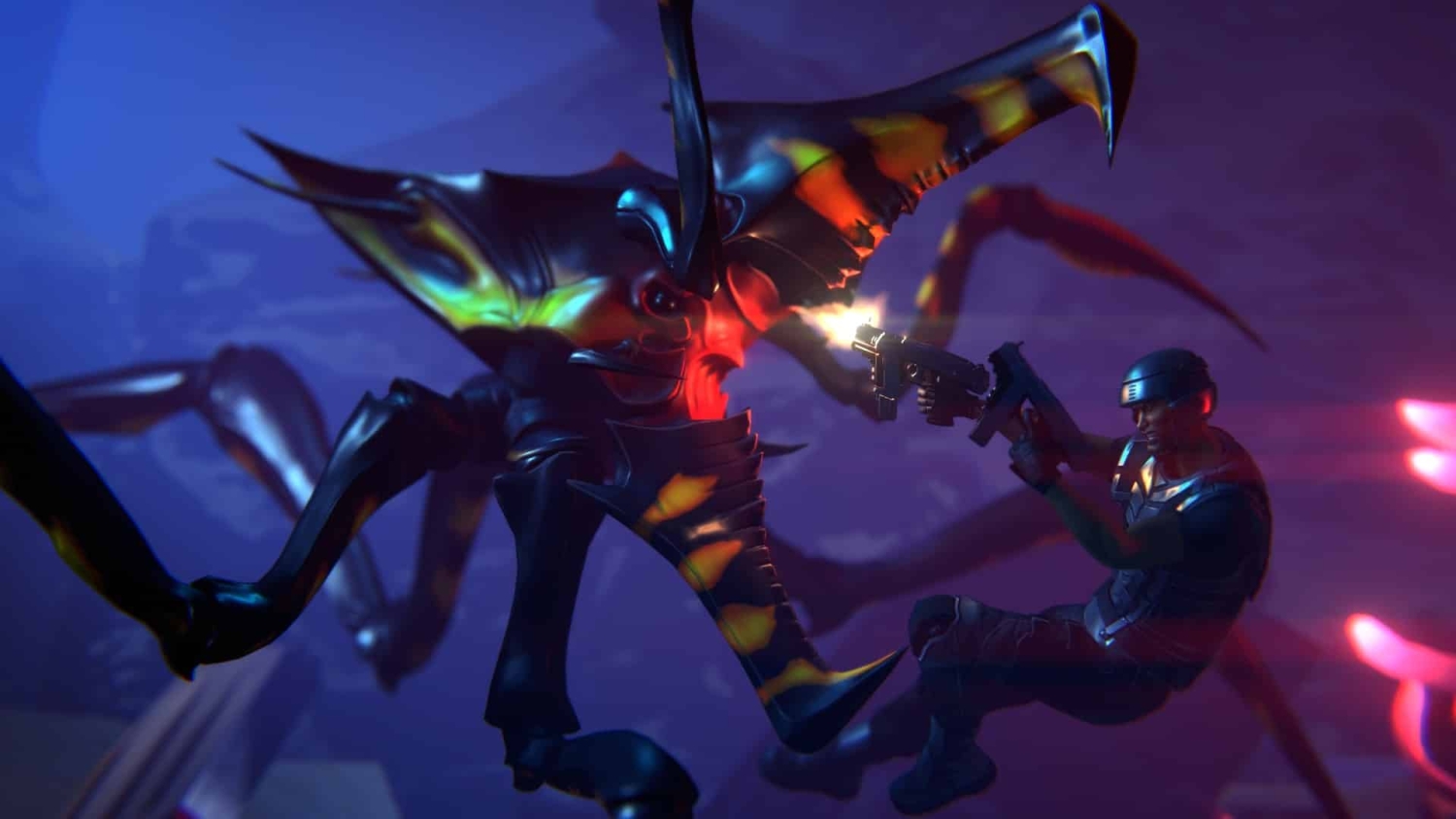 Soldier in tactical gear firing a gun at a large alien insect with glowing markings in a dark, purple environment