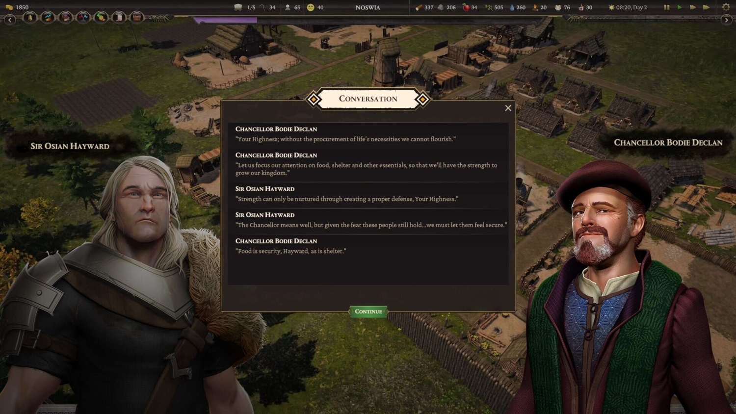 Two medieval characters in a game discuss food, shelter, and security over a village background