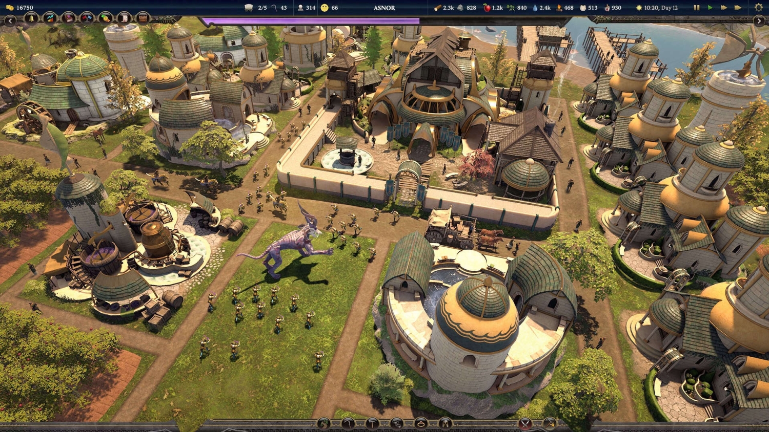 Top-down view of a fantasy city with domed buildings, pathways, soldiers, and a large purple creature