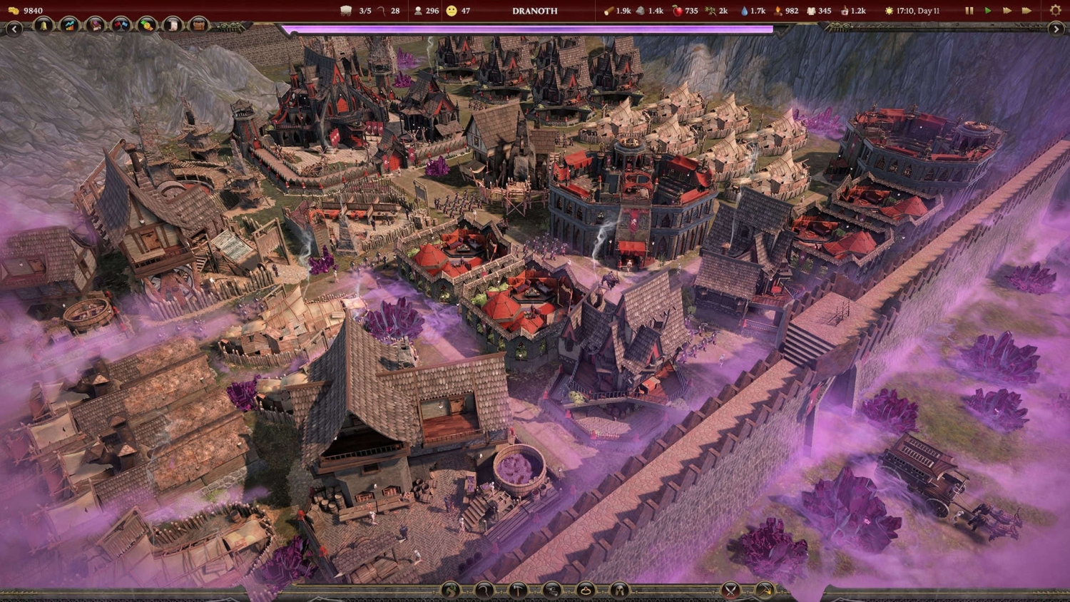 Detailed medieval-style walled town with various buildings, soldiers, and purple smoke around glowing crystals