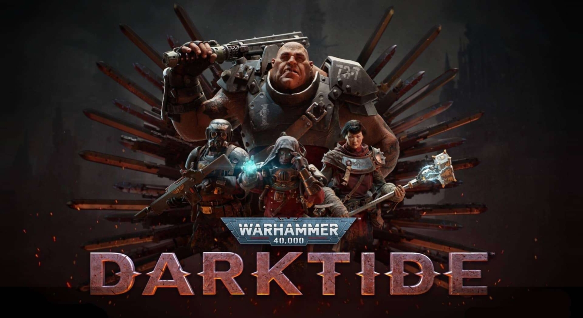 Four heavily armed characters from Warhammer 40,000 Darktide standing in front of a dark throne with skulls and weapons