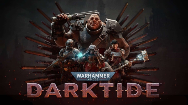 Four heavily armed characters from Warhammer 40,000 Darktide standing in front of a dark throne with skulls and weapons