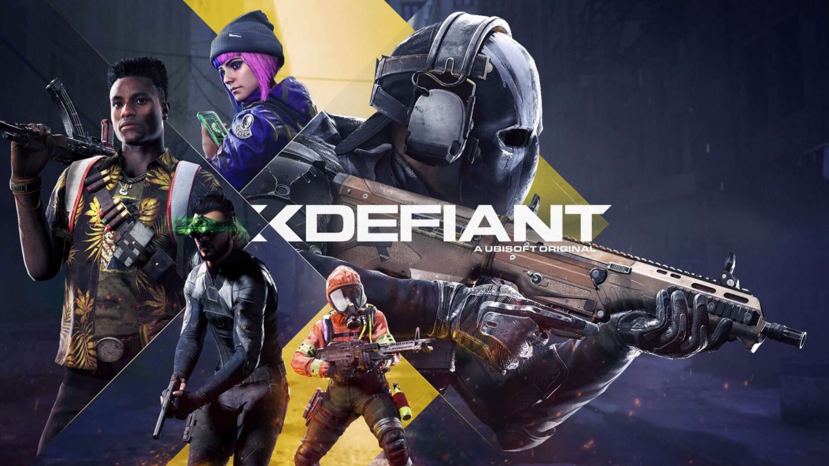 Five diverse armed characters from XDefiant video game with the game's logo in the centre