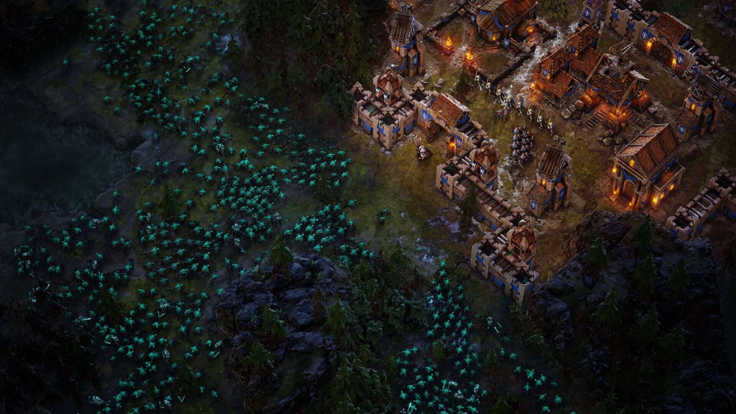 Medieval fortified castle under siege by a vast swarm of glowing creatures with soldiers defending the walls at night