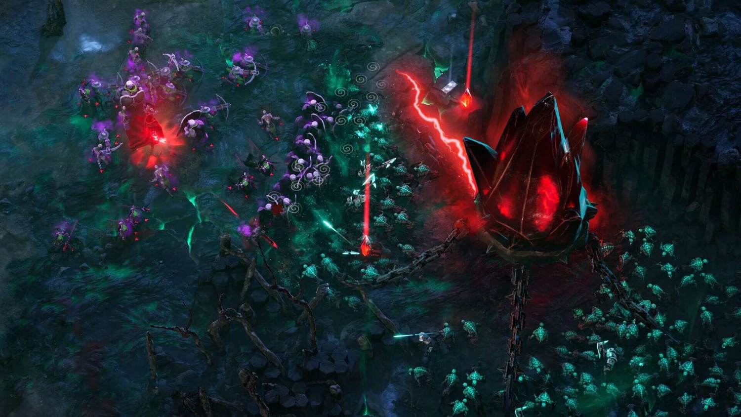 An intense battle scene in a dark cavern with glowing red crystals and numerous armored figures engaged in combat