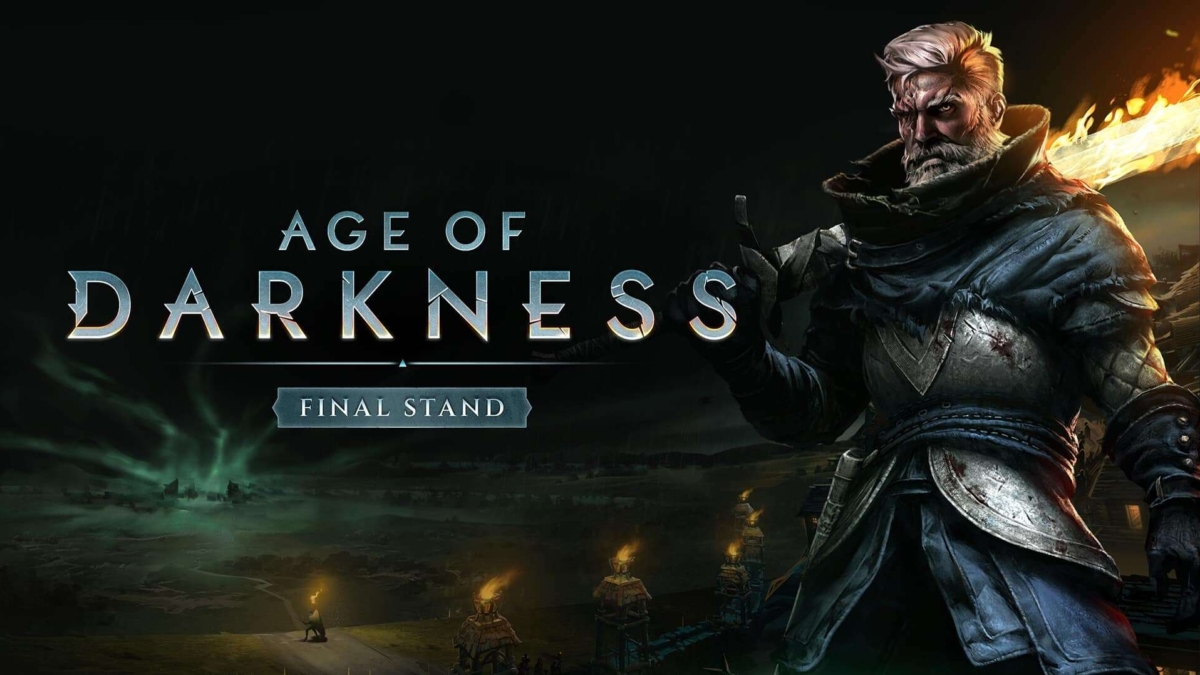 Armoured bearded man holding flaming sword with game title Age of Darkness Final Stand