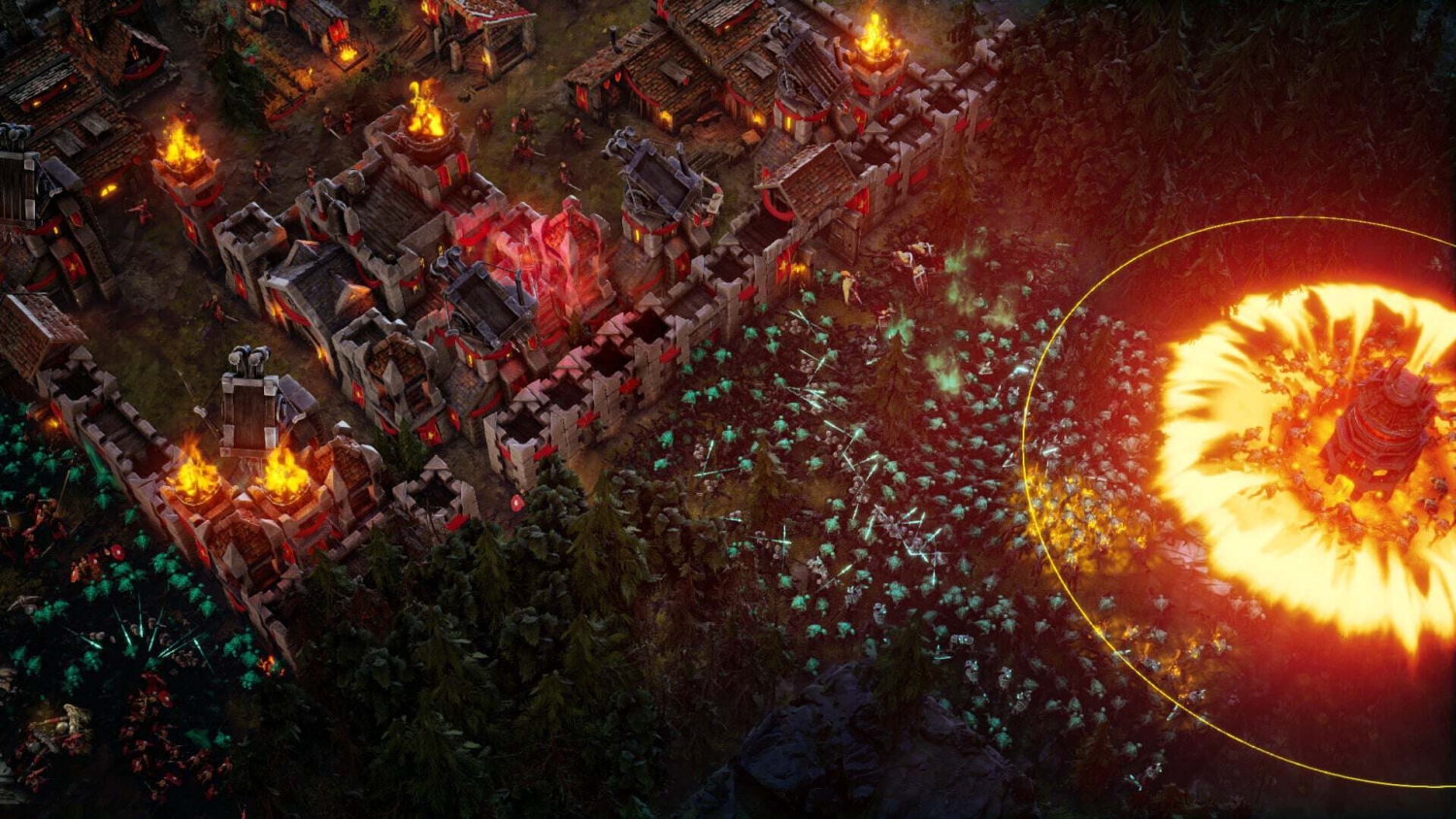 Large crowd of glowing enemies assaulting a medieval-style fortress with an intense fiery explosion