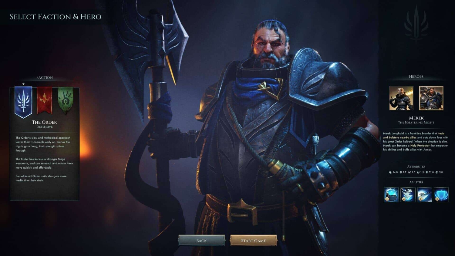 Armoured male hero holding a large halberd on faction selection screen in fantasy game