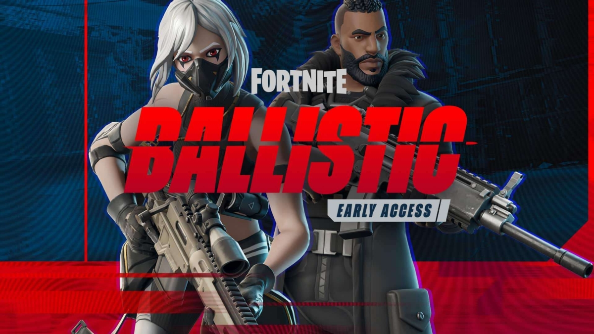 Two Fortnite characters armed with rifles standing against a dark blue and red background with Fortnite Ballistic Early Access logo