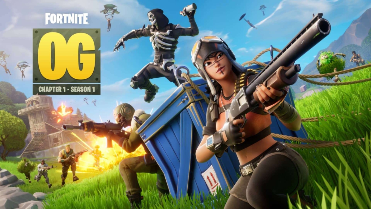 Characters in Fortnite OG armed and ready for battle on a grassy hill under a clear sky