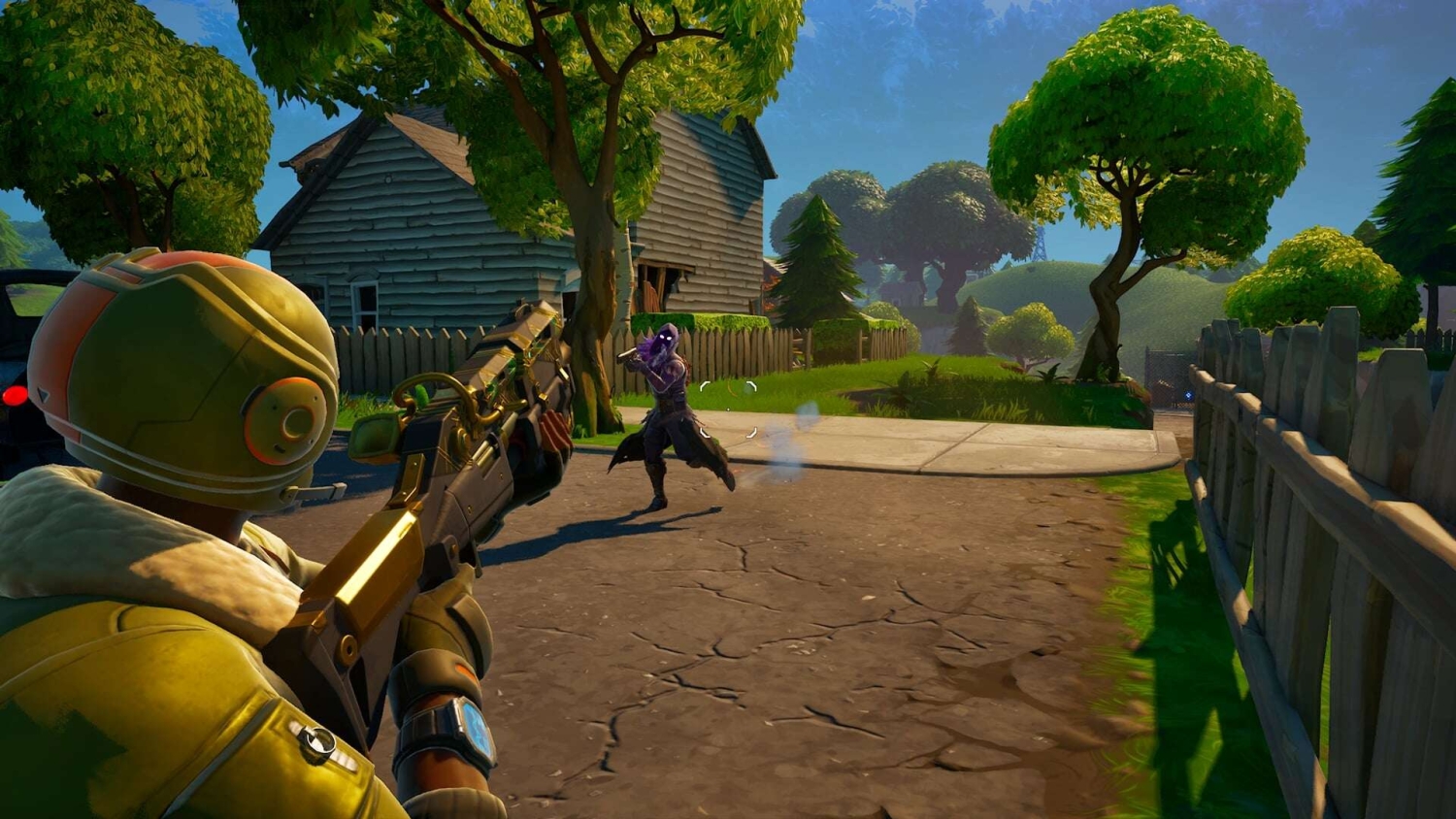 Character in yellow space helmet aiming a rifle at a purple-clad opponent on a suburban street with trees and wooden houses