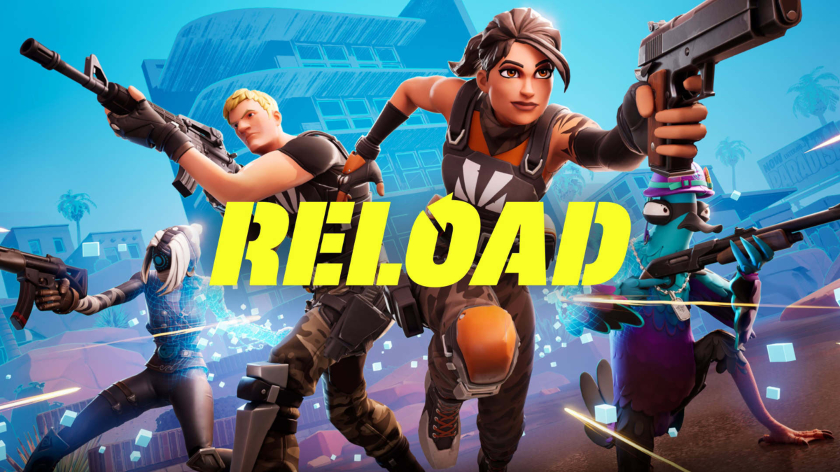 Four Fortnite Reload characters armed and ready in front of a building with bold yellow RELOAD text