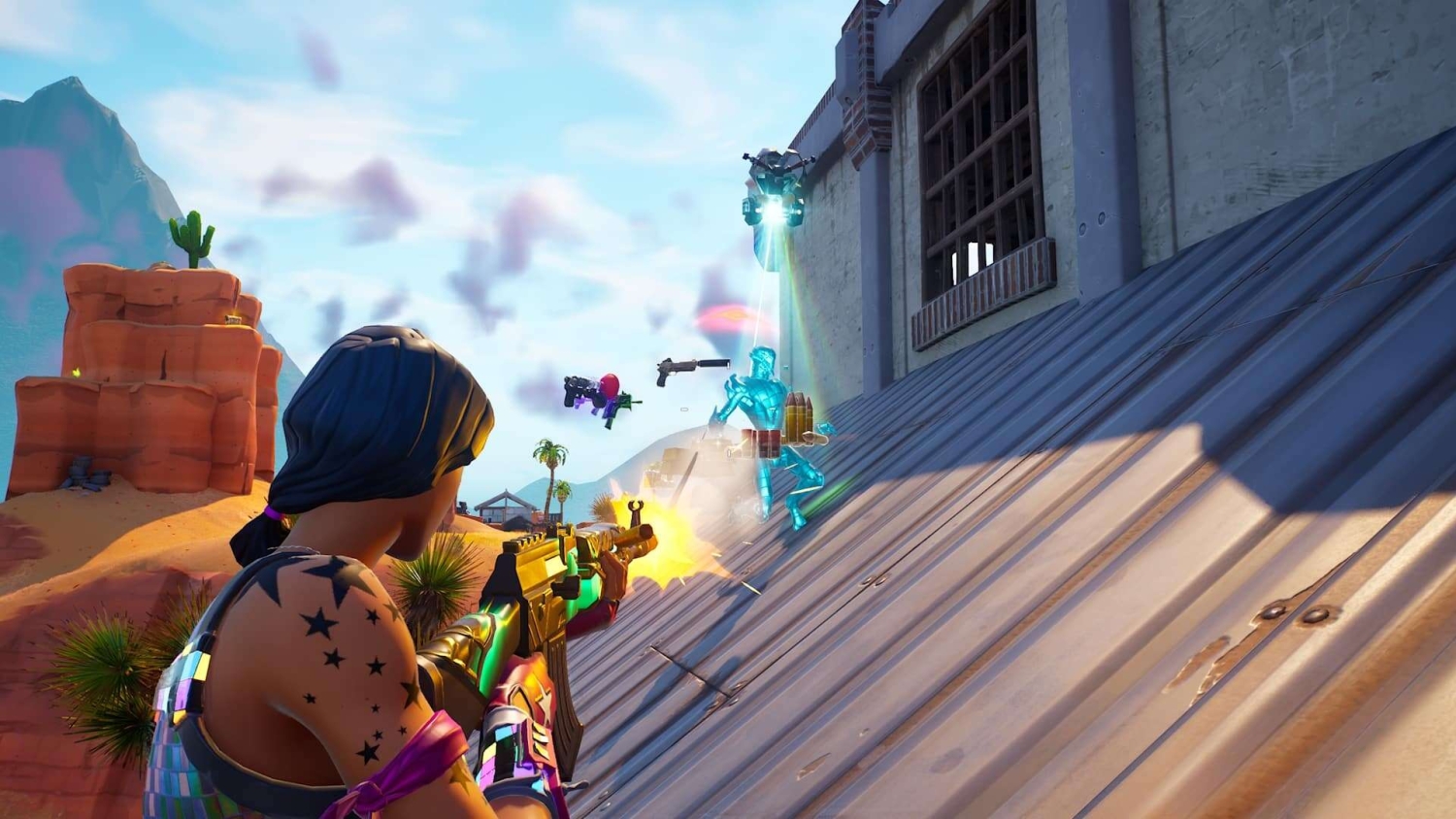 Player fires a brightly coloured rifle at a glowing blue figure beside a sloped metal structure in a desert environment