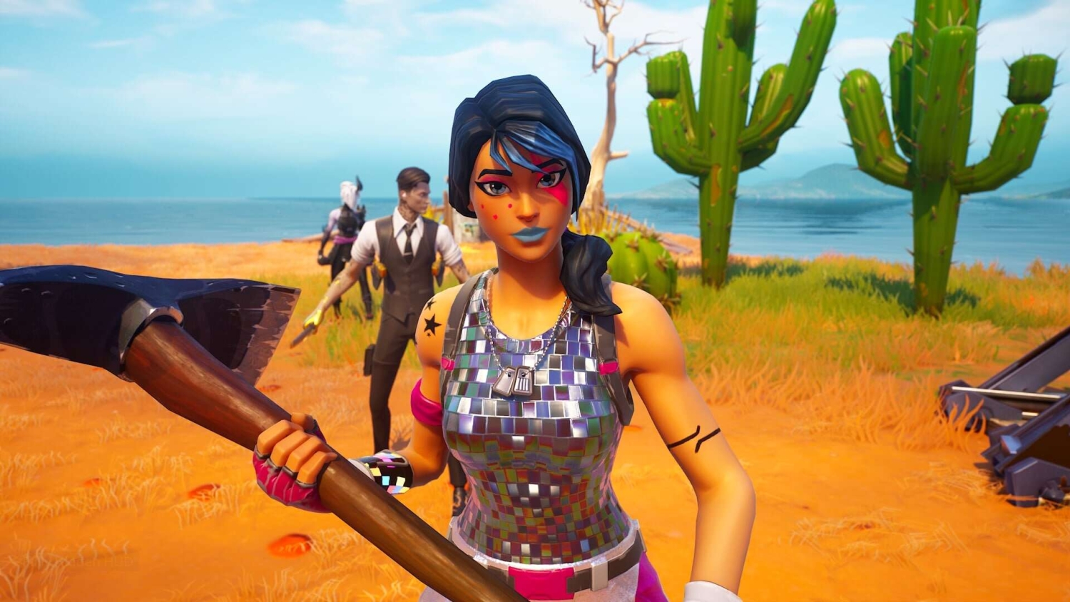 Female character in shiny armour holding an axe on desert land with cacti and two figures behind her