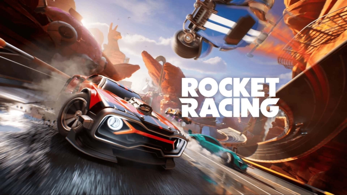 Three rocket-powered racing cars speeding on a twisty, elevated desert track under a bright sky