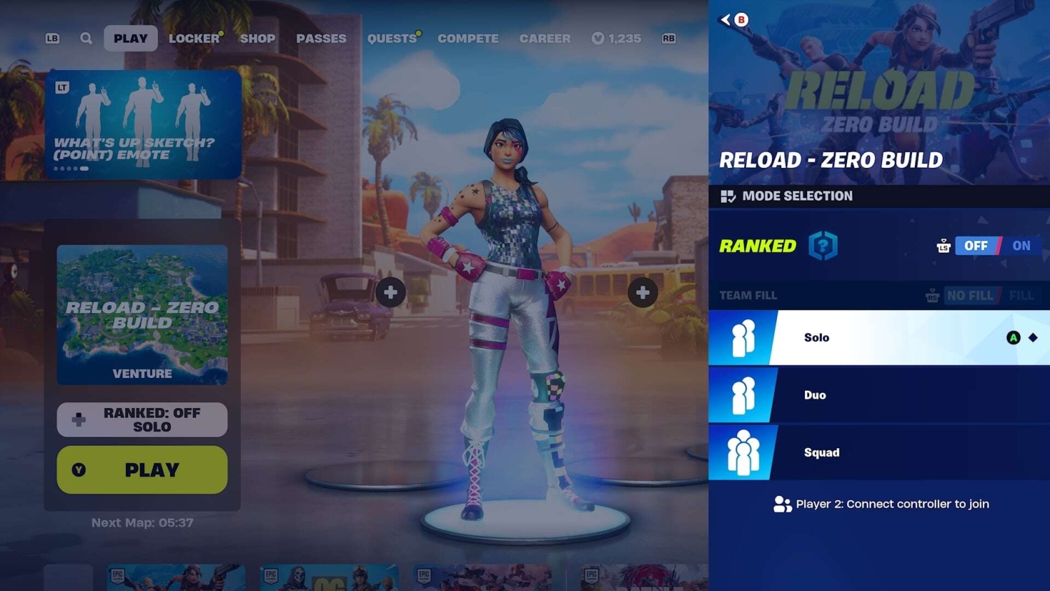 Female Fortnite character standing in lobby with Reload Zero Build mode and solo play selected