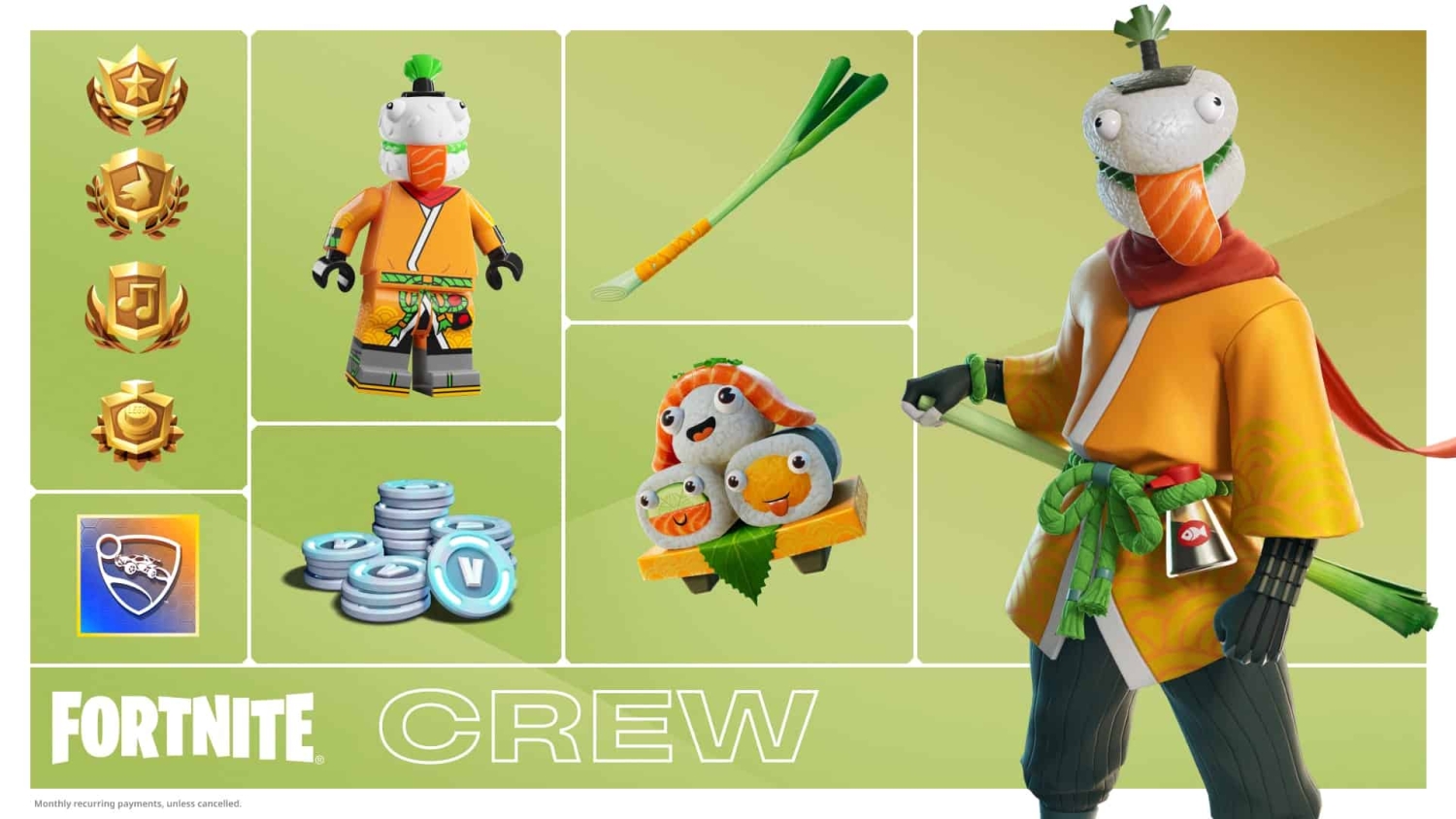 Character wearing sushi-themed outfit holding leek with other sushi accessories and rewards on green background