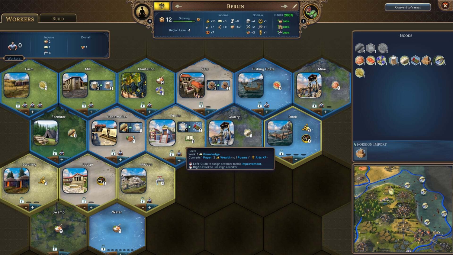 Hexagonal grid showing different resource nodes and worker assignments in a strategy game interface