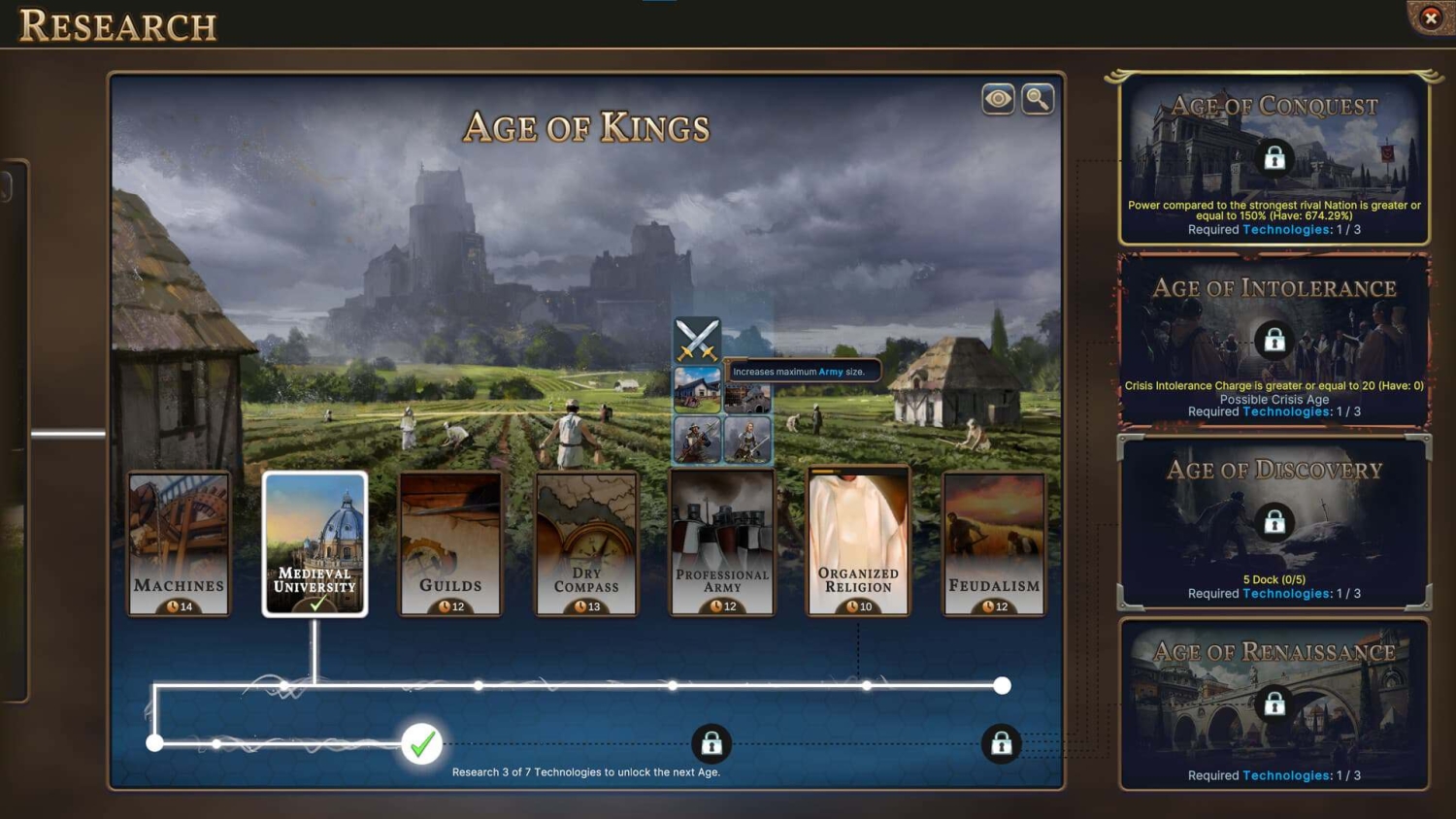 Strategy game technology tree showing 'Age of Kings' with various medieval upgrades and a castle in the background