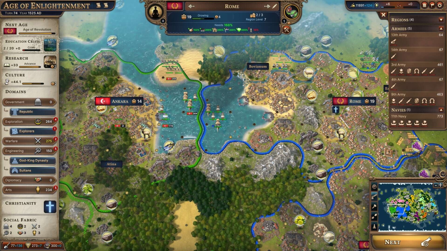 Detailed map showing cities Ankara and Rome with armies and resource icons in grand strategy game