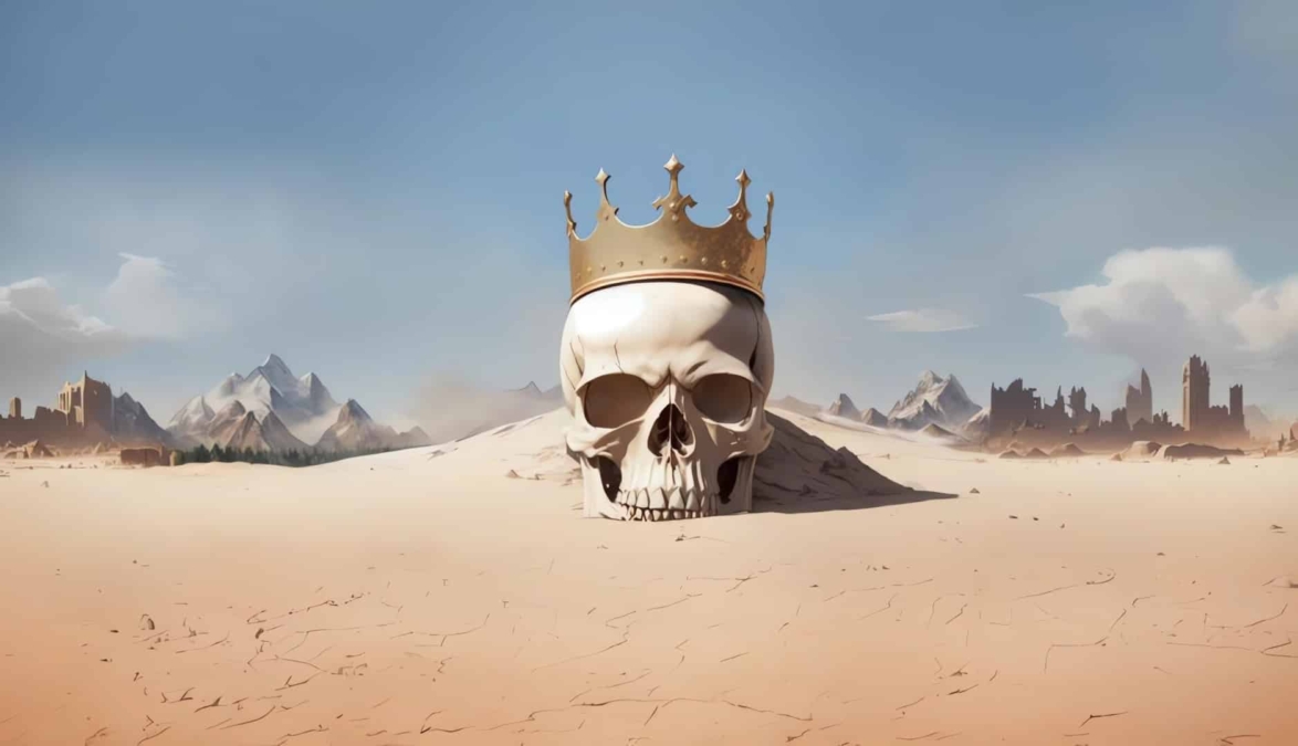Large white skull wearing a gold crown sits in a vast cracked desert with distant mountains and ruined castles