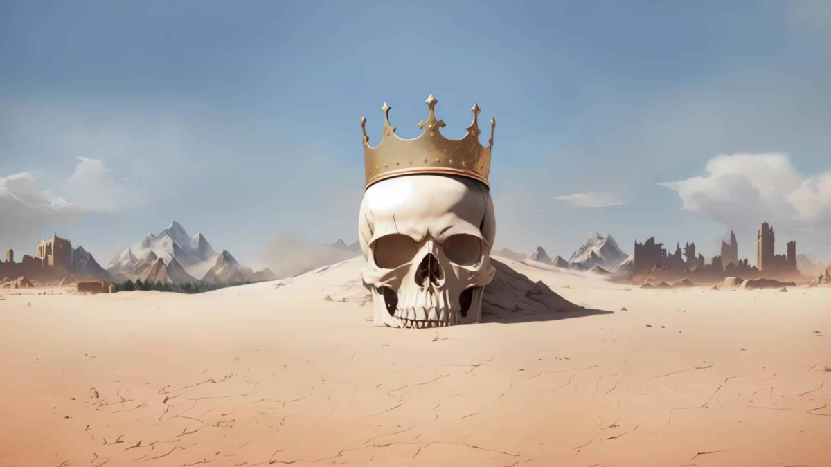 Large white skull wearing a gold crown sits in a vast cracked desert with distant mountains and ruined castles