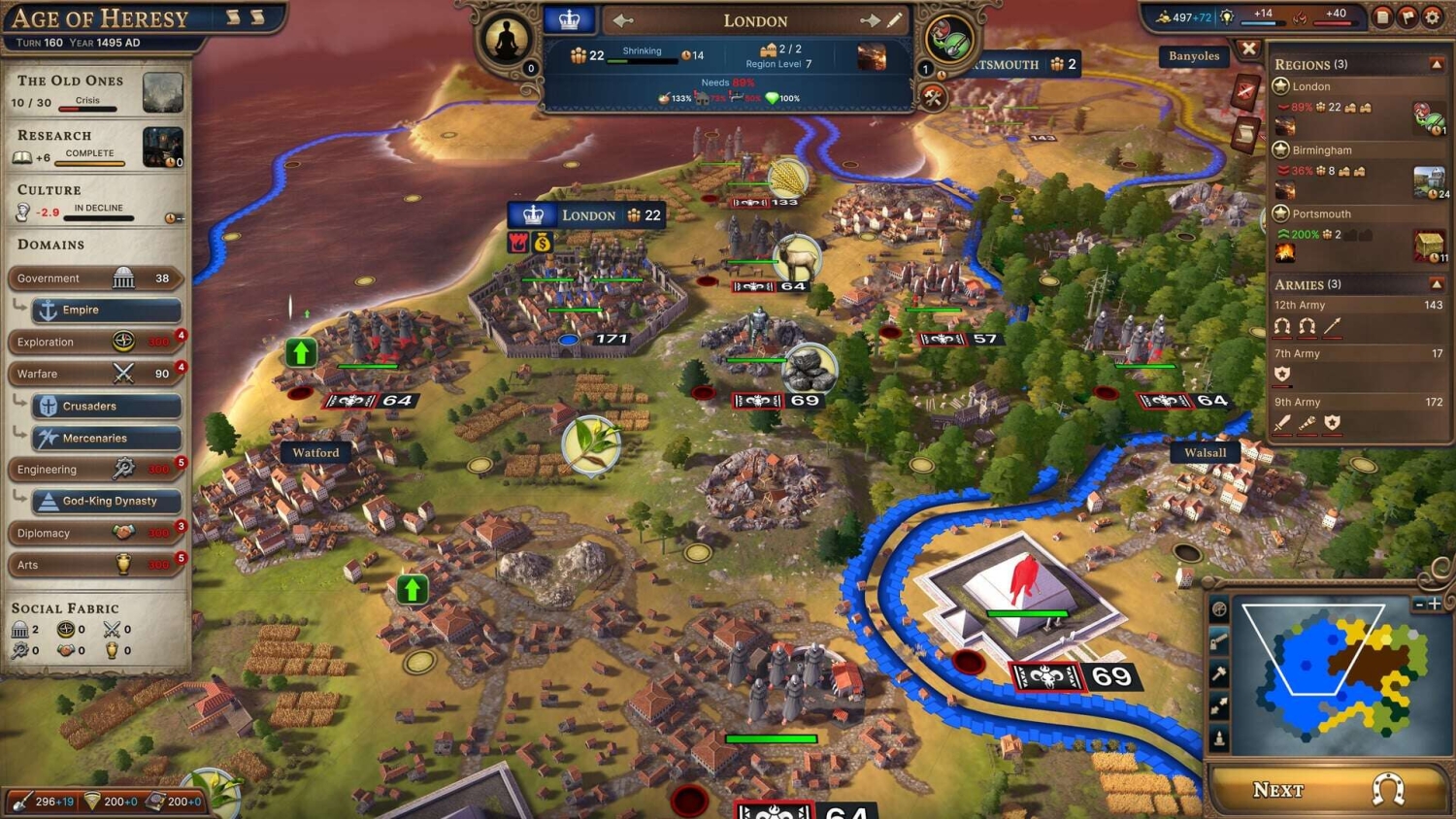 Turn 160 strategic map showing London region with armies, resources, and status in historical strategy game