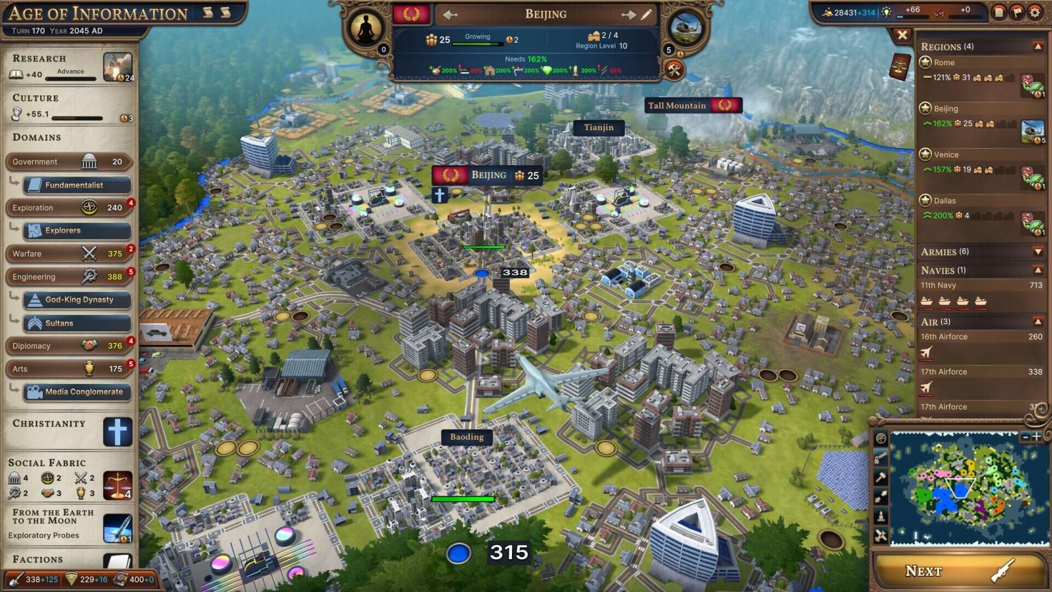 Strategy game view of Beijing city with modern buildings, population growth, and resource indicators