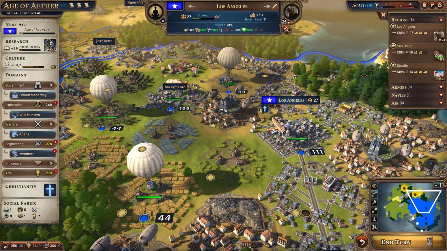 Strategy game map showing cities like Los Angeles and Sacramento with hot air balloons and resource bars