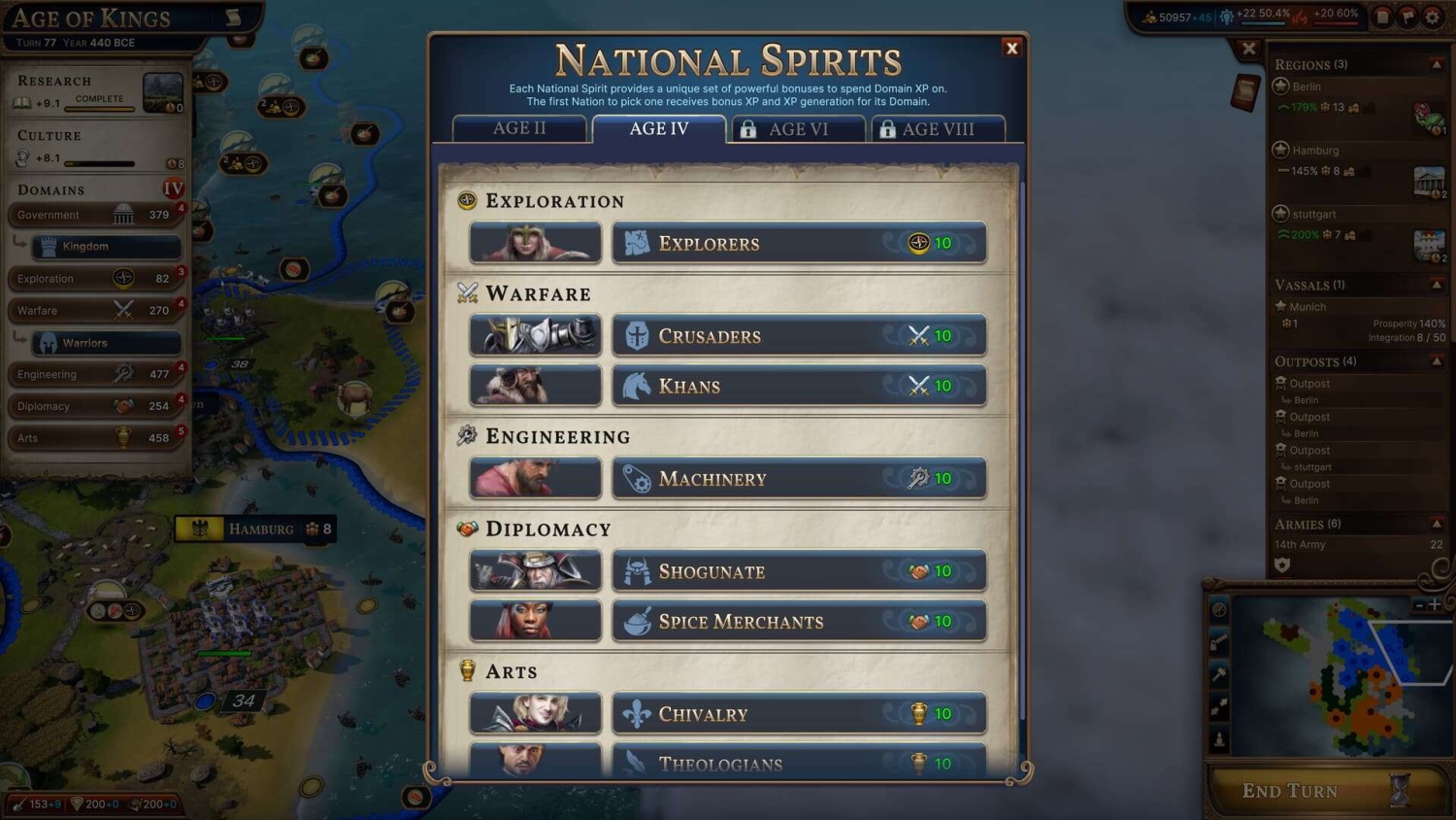 Game interface displaying National Spirits bonuses for Age IV in categories like Exploration, Warfare, Engineering, Diplomacy, and Arts
