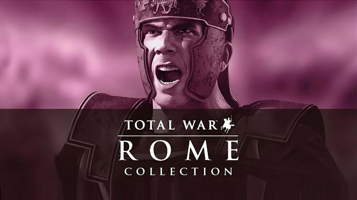 Close-up of a Roman soldier shouting, wearing a detailed helmet and armour with Total War Rome Collection text beneath