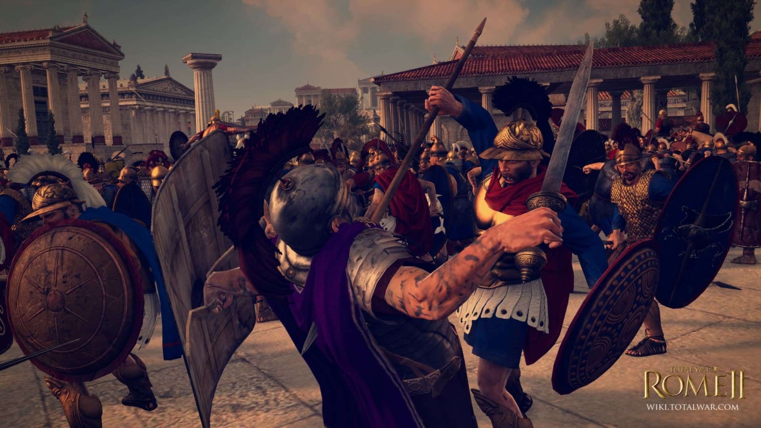 Roman soldiers fighting fiercely with swords and shields in a busy ancient city battle