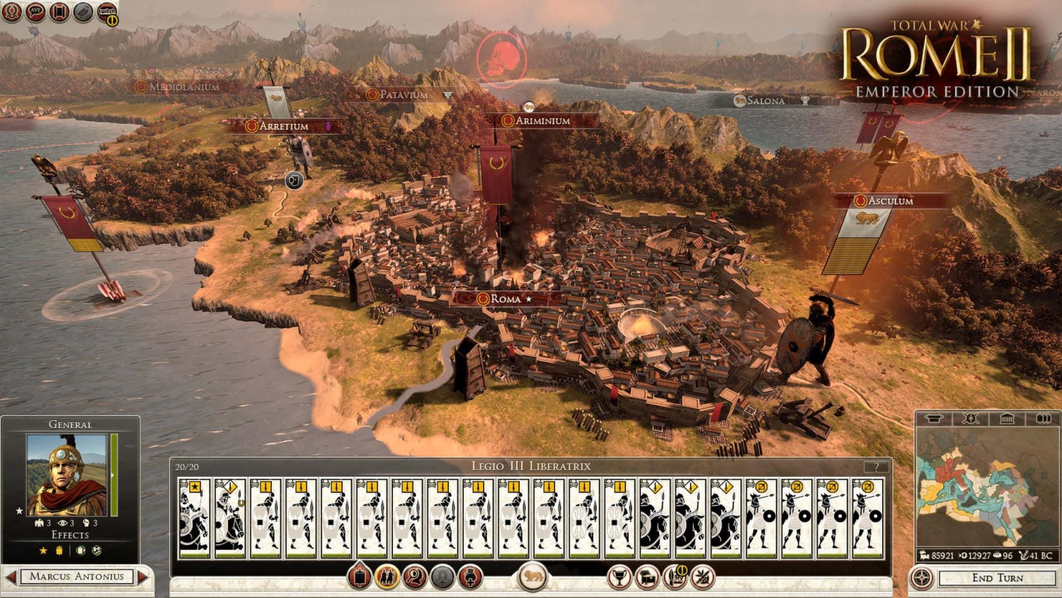 Strategic map showing the city of Rome under siege with surrounding military units and terrain in a historical strategy game