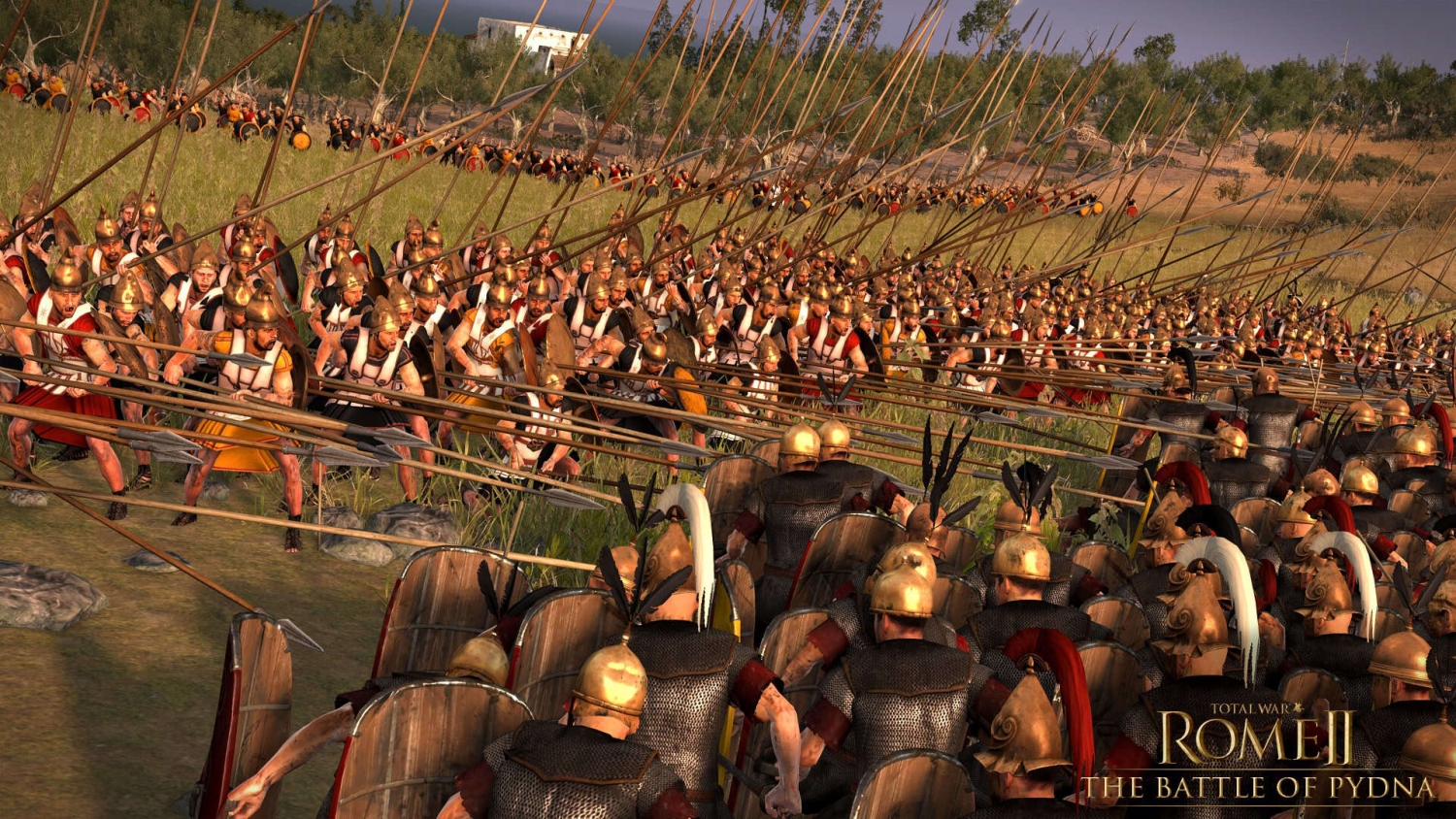 Two ancient armies with spears clashing on grassy hillside during the Battle of Pydna