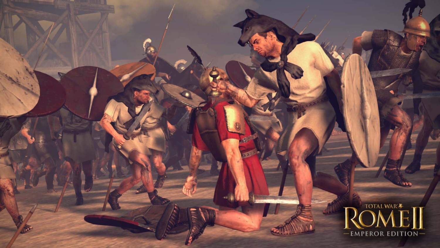 Warriors in ancient battle during Total War Rome II game, one soldier kneeling while others attack with swords and shields