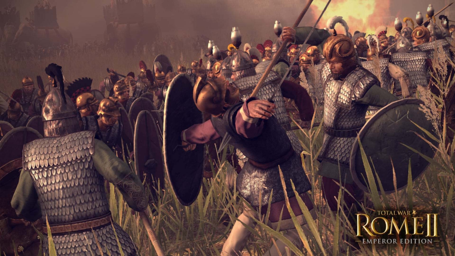 Ancient Roman soldiers clad in bronze and scale armour fight intensely on a grassy field under a smoky sky
