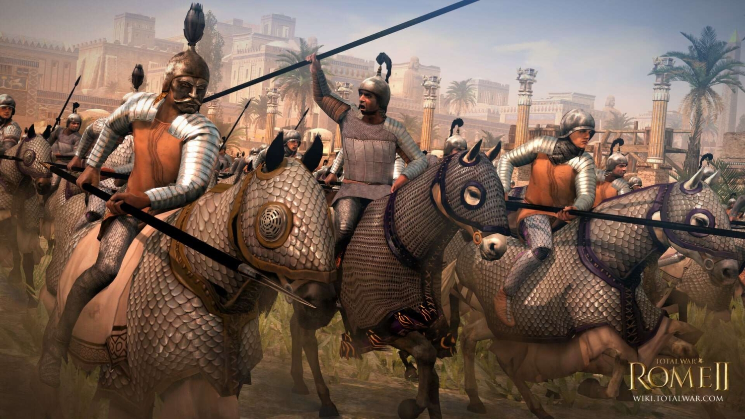 Armoured cavalrymen wearing metal helmets and chainmail charging on horses through a historic city with spears raised