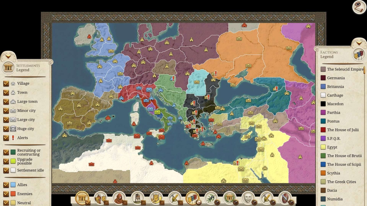 Colour-coded strategic map of Europe and surrounding regions showing different factions and settlement types in a historical war game