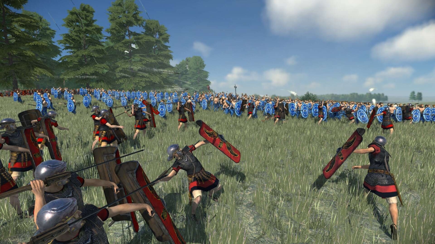 Roman soldiers in red and black armour hurling spears at advancing warriors with blue shields in a grassy battlefield