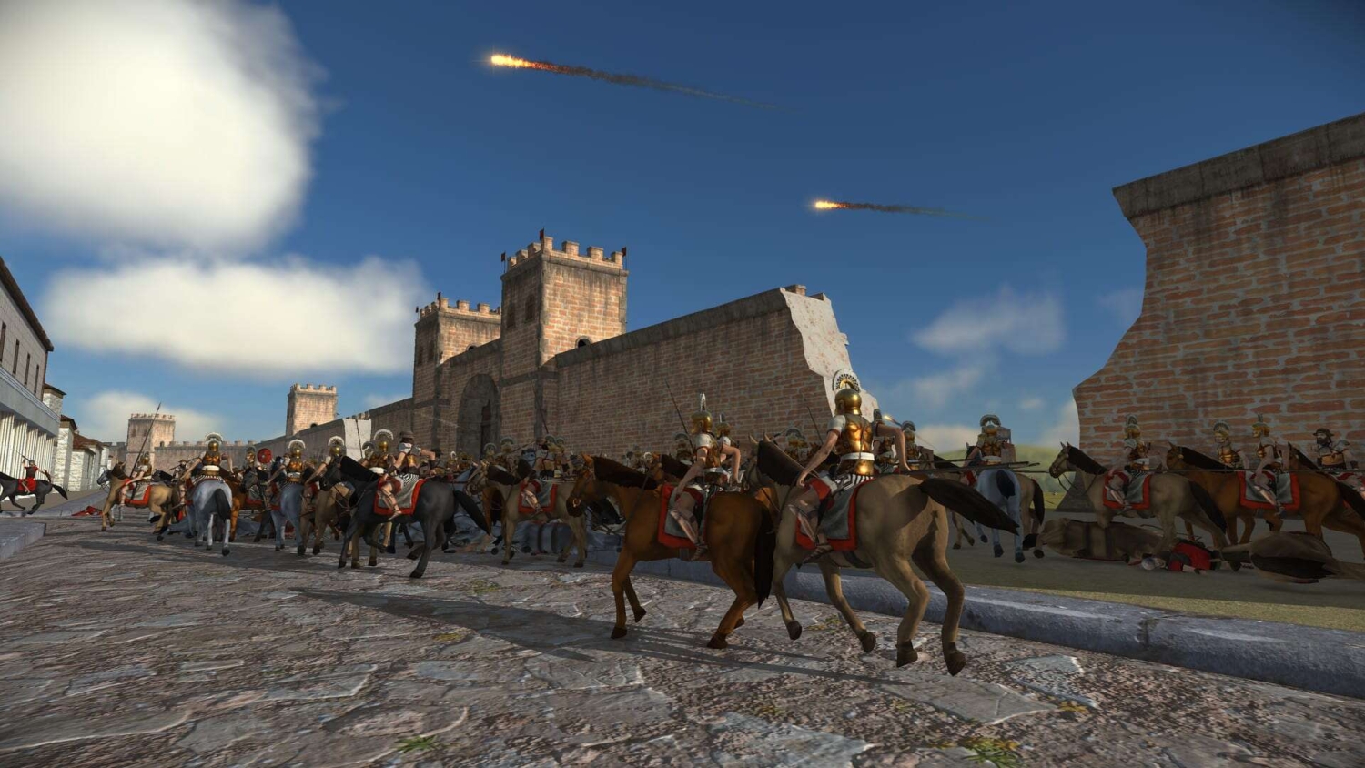 Roman cavalry riding on horses beside damaged fortress walls under fiery projectiles in sky