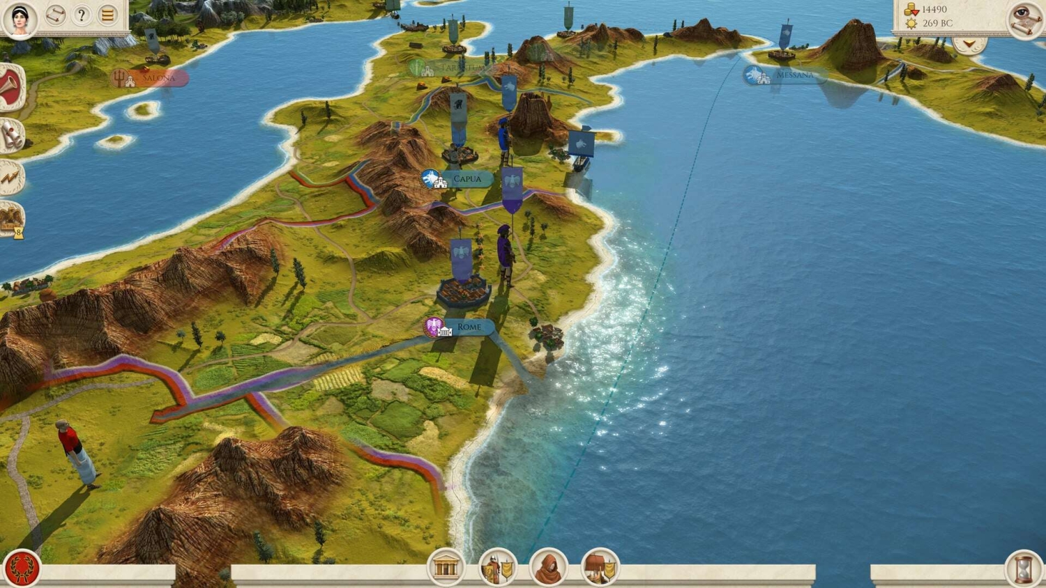 Strategy game map showing Rome region with military units, cities, mountains and coastline details.