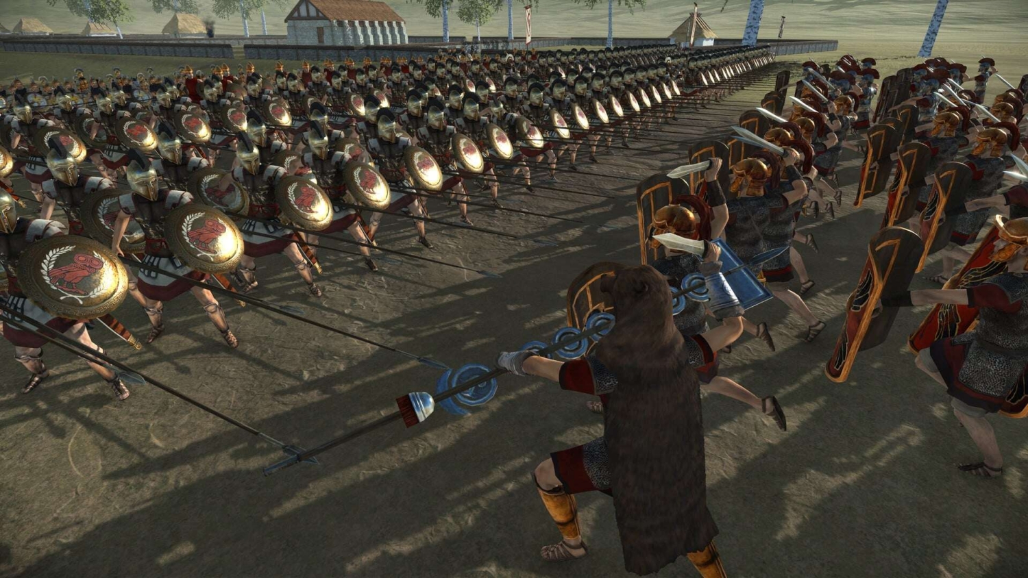 Two opposing Roman legions in tight combat formations with raised spears and shields on a plain