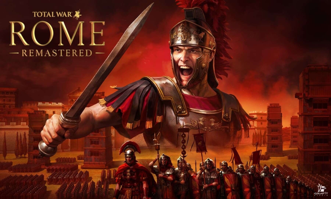 Roman soldier shouting and swinging a sword in front of an army with red banners and ancient city structures