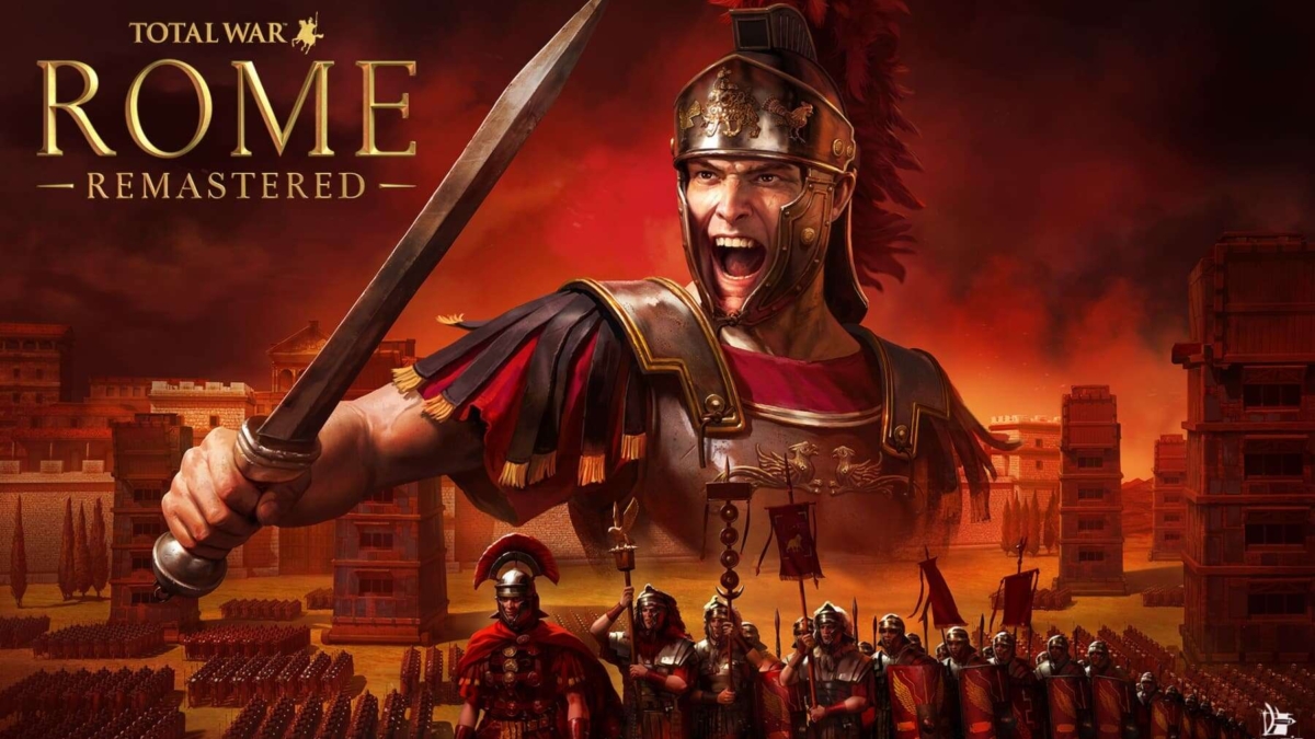 Roman soldier shouting and swinging a sword in front of an army with red banners and ancient city structures
