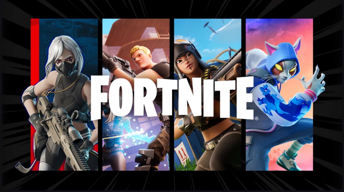 Four Fortnite characters in dynamic poses behind bold Fortnite logo against colourful backgrounds
