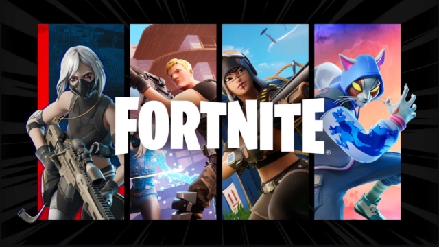 Four Fortnite characters in dynamic poses behind bold Fortnite logo against colourful backgrounds