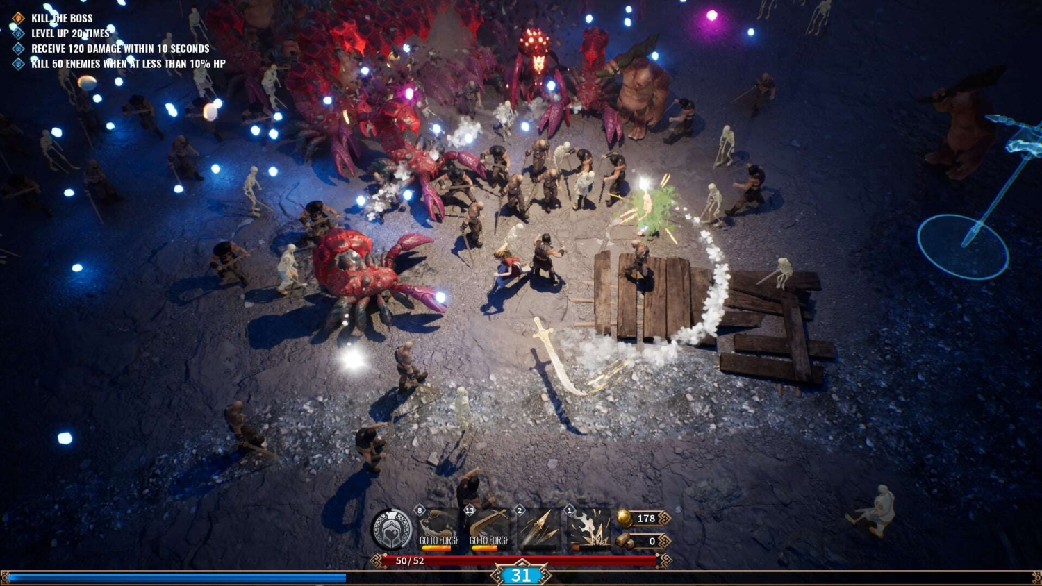 Characters fight large crab-like and humanoid monsters in a top-down action game scene