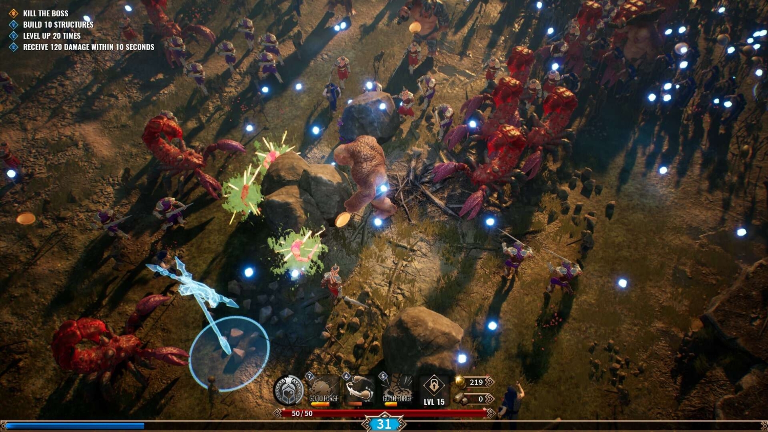 Top-down view showing a large group of warriors fighting crab-like enemies and a large beast in a forest clearing