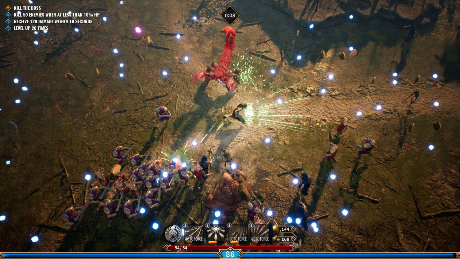 Top-down view of a character fighting a large red scorpion boss with multiple enemies and glowing orbs around